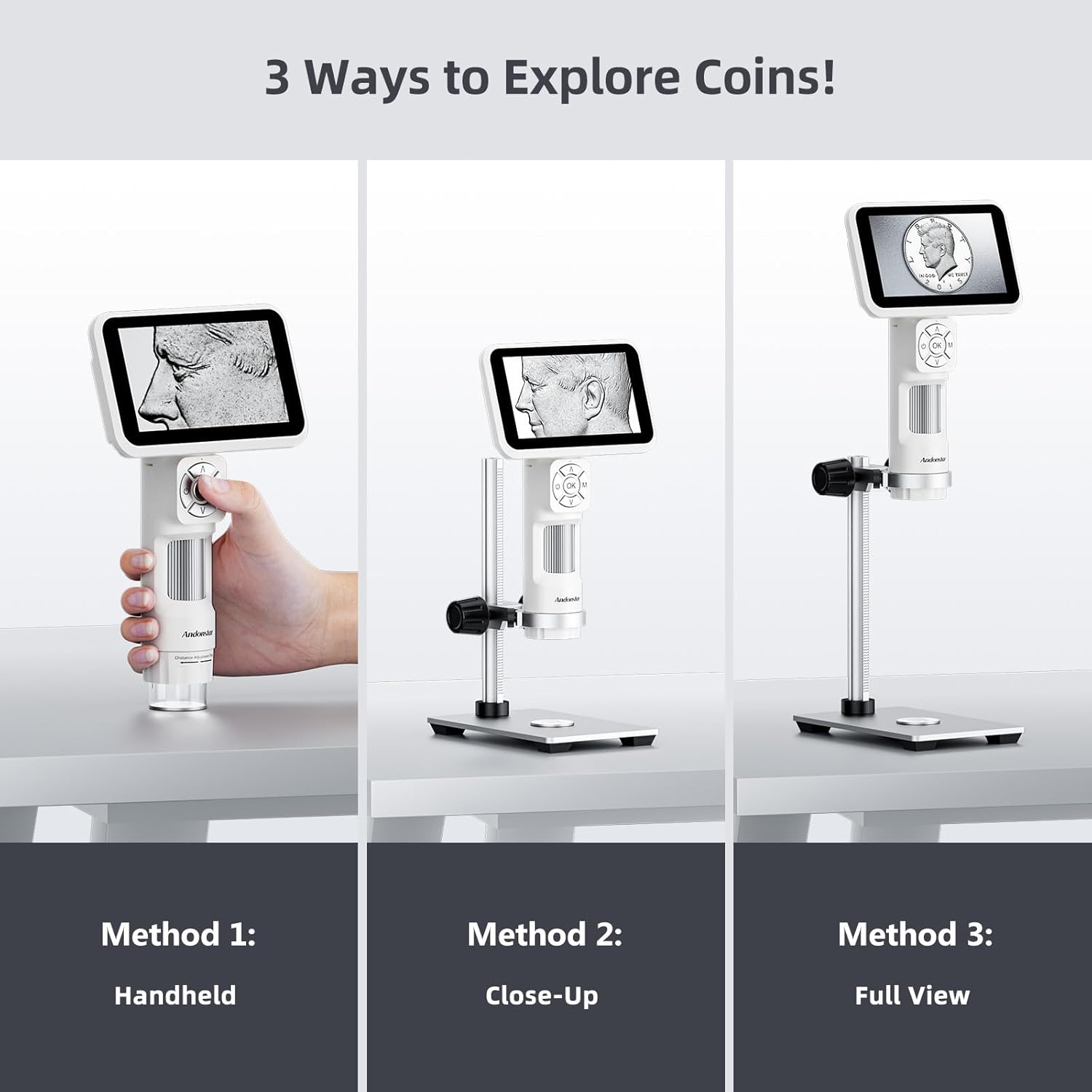 Andonstar Digital Microscope, 5" 1080P Coin Microscope Camera for Error Coin with 7.3" Metal Stand for Adults Kids, Handheld USB Coin Magnifier with 8 Adjustable LED Lights, Windows Mac PC