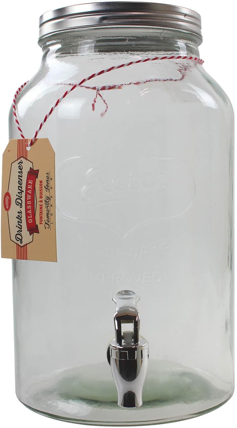 tej Temerity Jones Exeter Clear Glass Jar Beverage Drinks Dispenser With Tap And Lid 31Cm