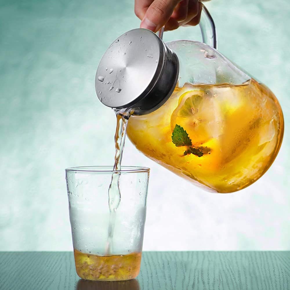 Glaskrug mit Deckel und Ausguss, hohe Hitzebeständigkeit, für heißes/kaltes Wasser und Eistee, 2 l