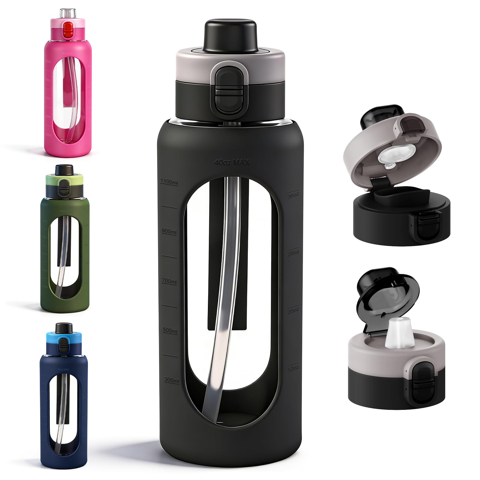 ANOTION Botella de agua de vidrio de 40 onzas, botella de agua deportiva grande con tapa de doble bebida, botellas de vidrio transparente a prueba de fugas con popote, jarra motivacional con funda de