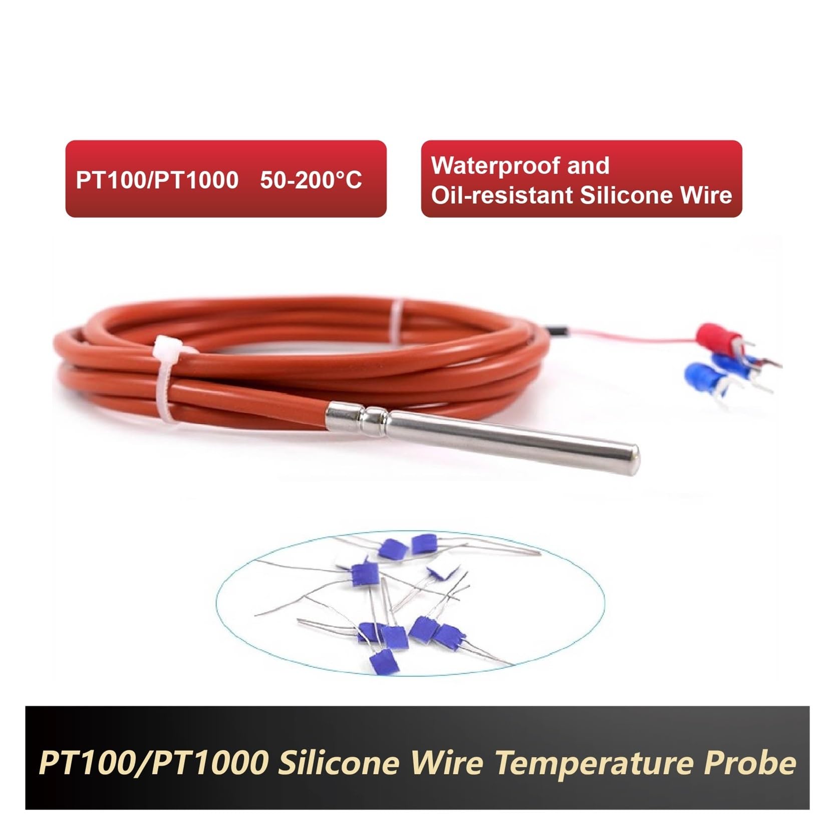 PT100 PT1000 RTD Sensor de temperatura Sonda de temperatura impermeable Cable de silicona 3 cables 4 opciones | Pt100-10M-5-50mm -F