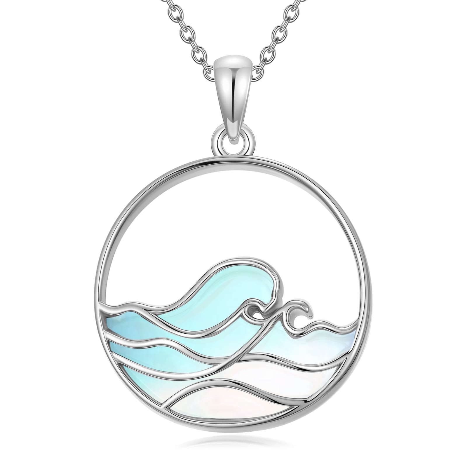Mondstein Wellen Halskette Damen 925er Sterlingsilber Strand Anhänger Schmuck Geschenk für Meer- und Surf-Fans