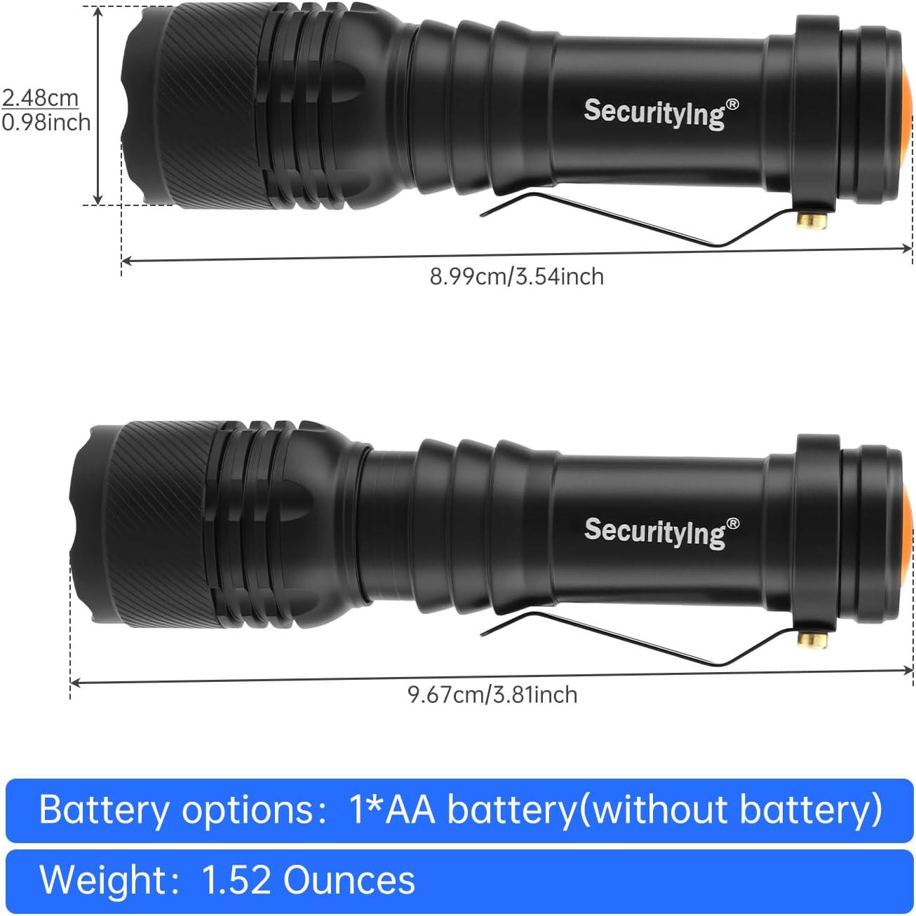 SecurityIng Mini Blue Light Flashlight, Scalable & Zoomable Focus ，800 lumens Blue LED Light for Night Fishing and Blood Tracking, AA Battery Powered (Battery Not Included)