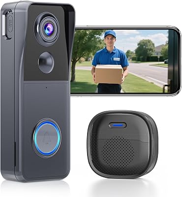 Wireless Video Doorbell Camera with Chime 2K HD Smart Video WiFi Door Bells with Camera PIR Motion Detection Night Vision 2-Way Audio Battery Powered Work with Alexa Support SD Card & Cloud Storage