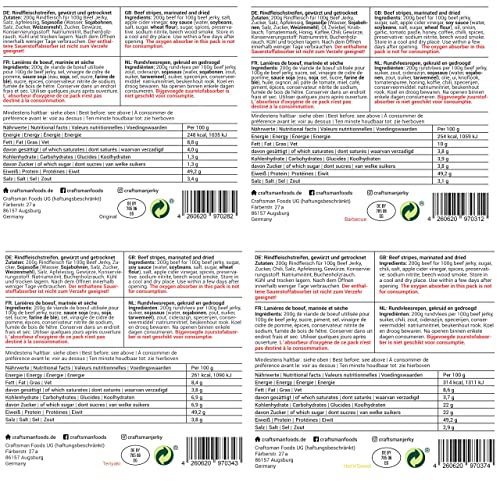 Craftsman Beef Jerky Superpack | Set 8x 50 g (400 g) | Alle Sorten | ORIGINAL, BBQ, TERIYAKI, HOT & SWEET, SMOKY, SPICY, PEPPER, HEMP | Trockenfleisch aus Deutschland - Bayern | Jerky Beef Mix