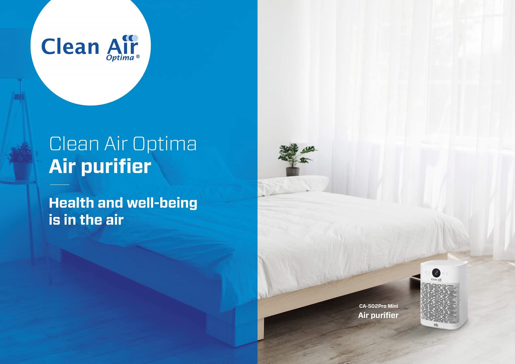 Clean Air Optima CA-502Pro Mini Purificatore d'aria con 2 filtri TRUE Hepa H13,2 x Filtro al carbonio attivo, lampada LED UV-C, spazi fino a 20m²/40m³, Bianco