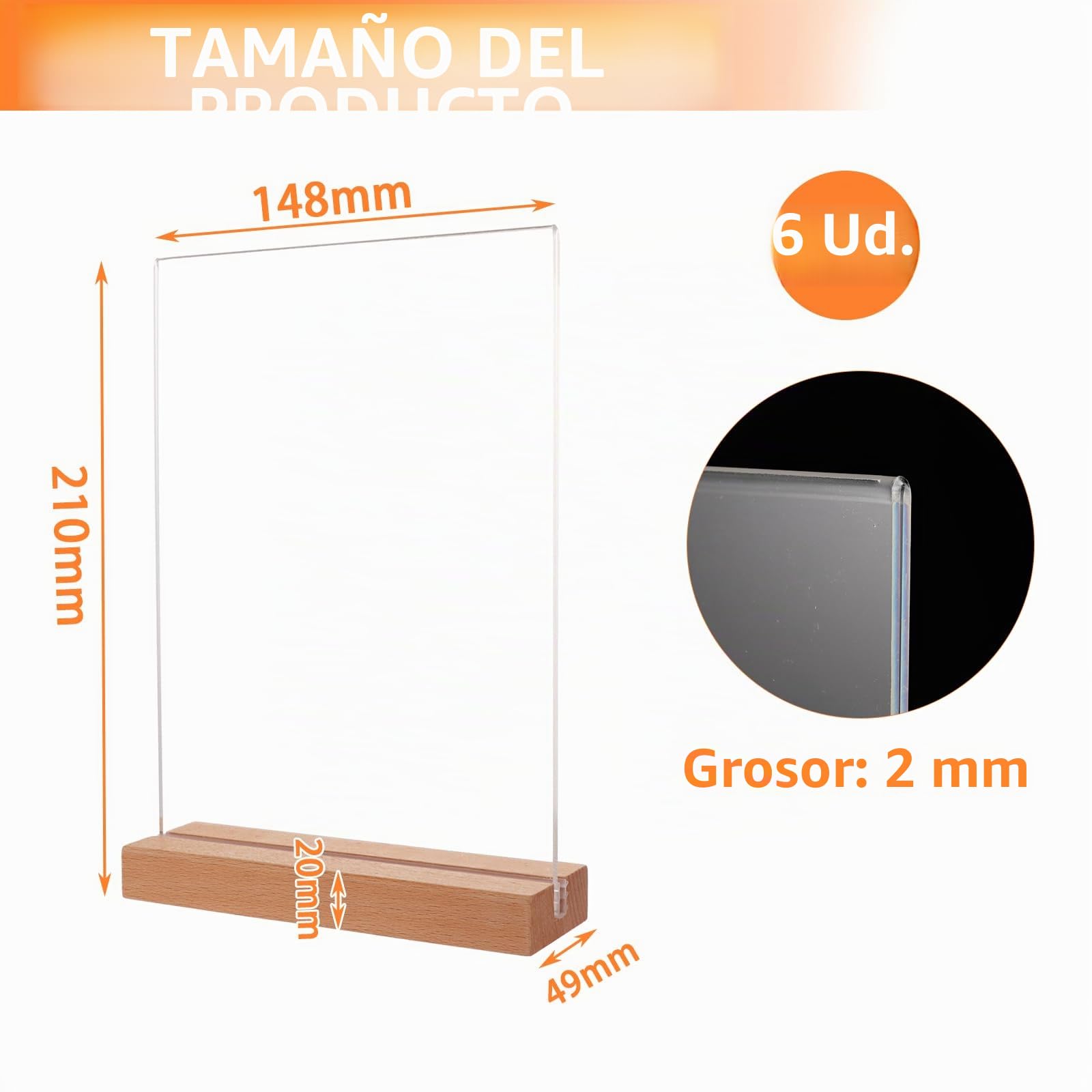 Pack de 5 Expositor Metacrilato A5, Metacrilato Transparente Doble Cara 148x210 Mm con Base, Expositor Madera para Menus Carteles Mesa Oficina Evento