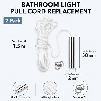 2 Pack Bathroom Light Pull Cord Switch Replacement, 1.5m Silver Aluminium Pull Cord with White Nylon Rope for Ceiling Light Switches, Bathroom Fan or Toilet Use
