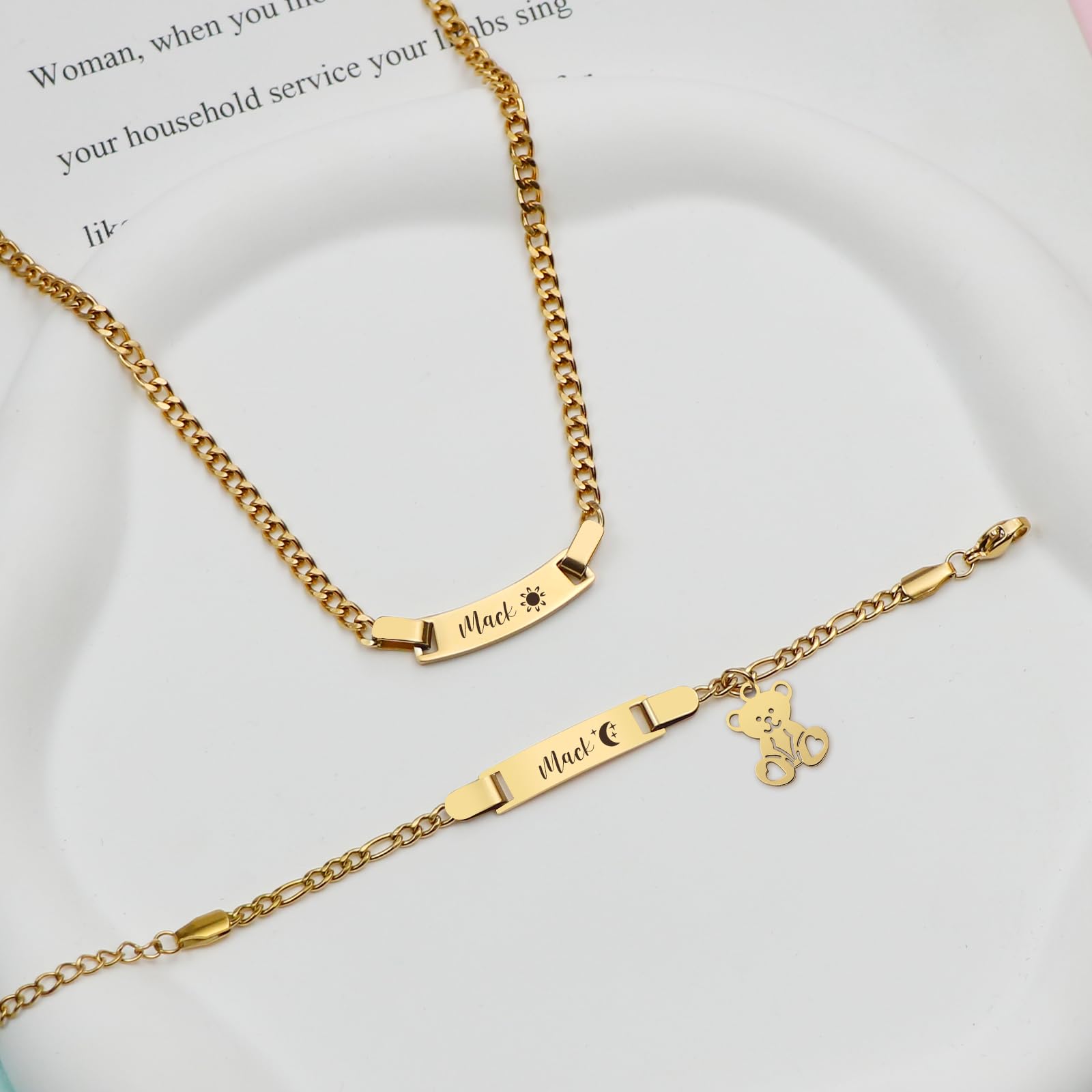 Conjunto de pulsera y collar personalizados con grabado de nombre, texto y fecha de nacimiento para bautizos