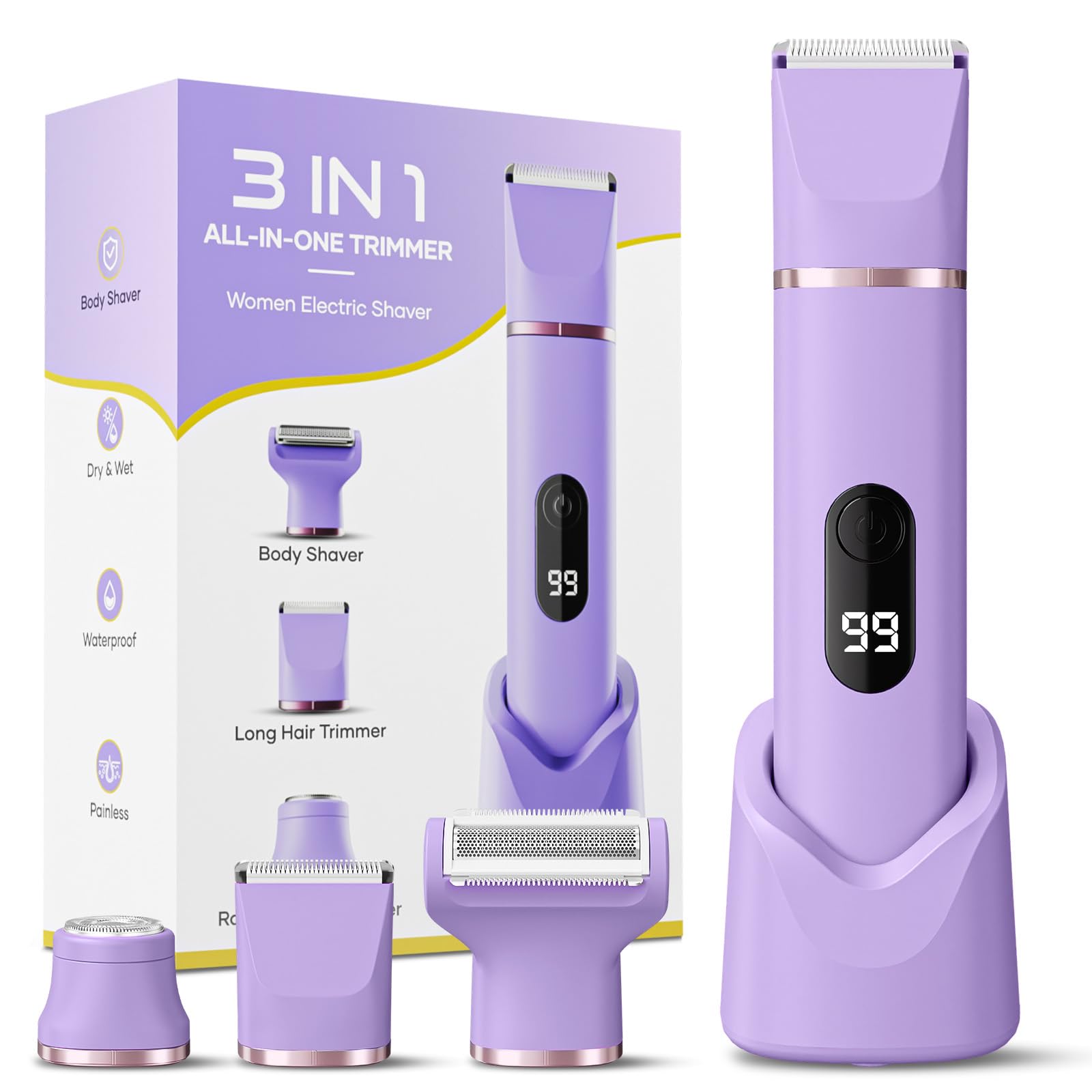 3 in 1 Intimrasierer für Frauen, Tiovara Elektrischer Rasierer Damen für Gesicht Bikinizone Beine, Wasserdicht & Sanft zu Empfindlicher Haut, Nass & Trocken Rasierer mit USB-Aufladung
