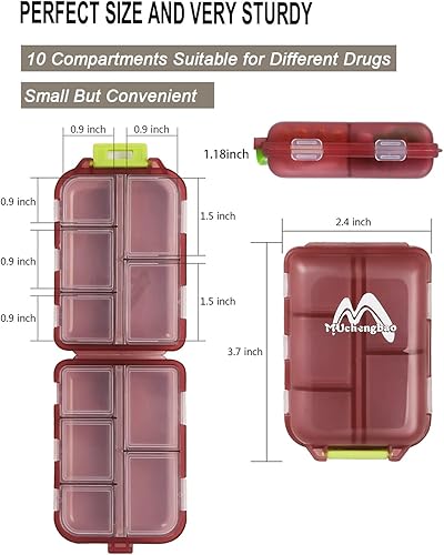 Miniatura 4 de Paquete de 1 organizador de píldoras de viaje para farmacia, 10 compartimentos, pequeño pastillero plegable sin BPA, contenedor de píldoras diario