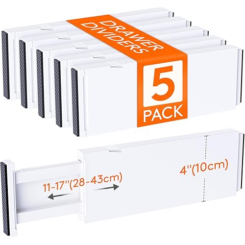 Lifewit 5 Pack Drawer Dividers 4" High, 11-17" Adjustable Dresser Drawer Organizers for Clothes, Expandable Dresser Separators in Bedroom/Bathroom/Kitchen/Vanity/Office Organization and Storage, White