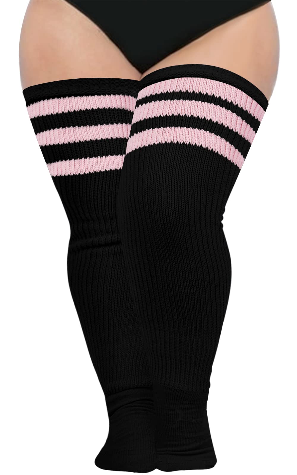 Abodhu Plus Size Thigh High Socks for Thick Thighs Women- Extra Long Widened Extra Long Thick Knit: Black & Light Pink