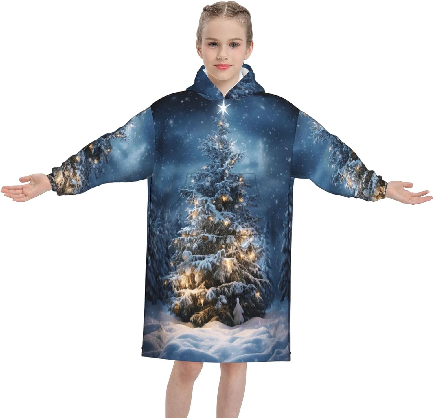 Christmas Tree Snow Print Oversized Blanket Hoodie, Wearable Blanket Hooded,Hooded Pullover With Pocket