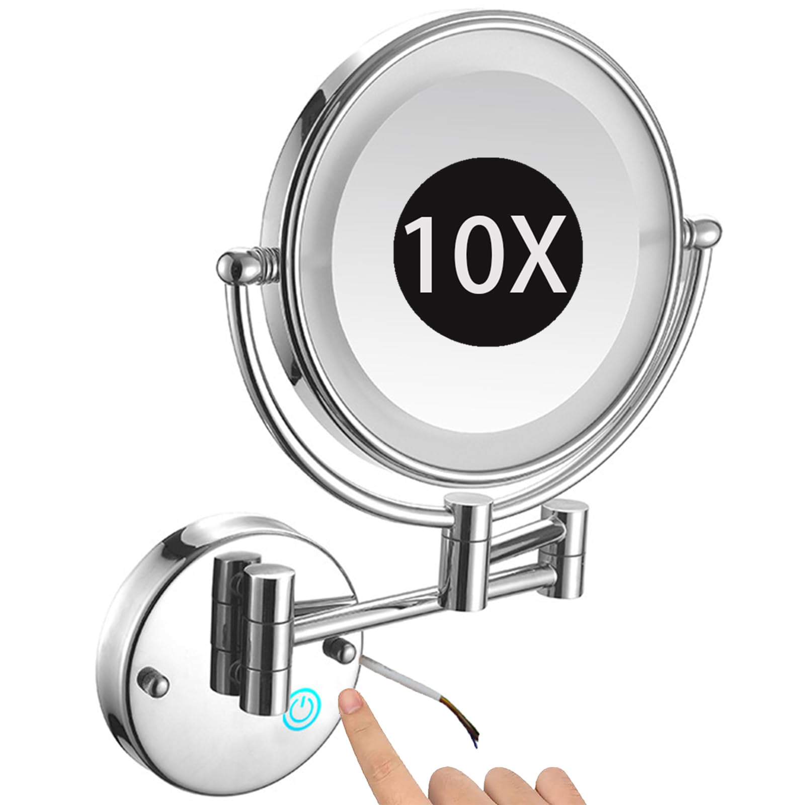 SXFSDOU 8" Wall Mounted Lighted Makeup Mirror, Hardwired Dimmable Double Sided Magnifying Extendable LED Bathroom Vanity Mirror with Lights,Chrome,10X