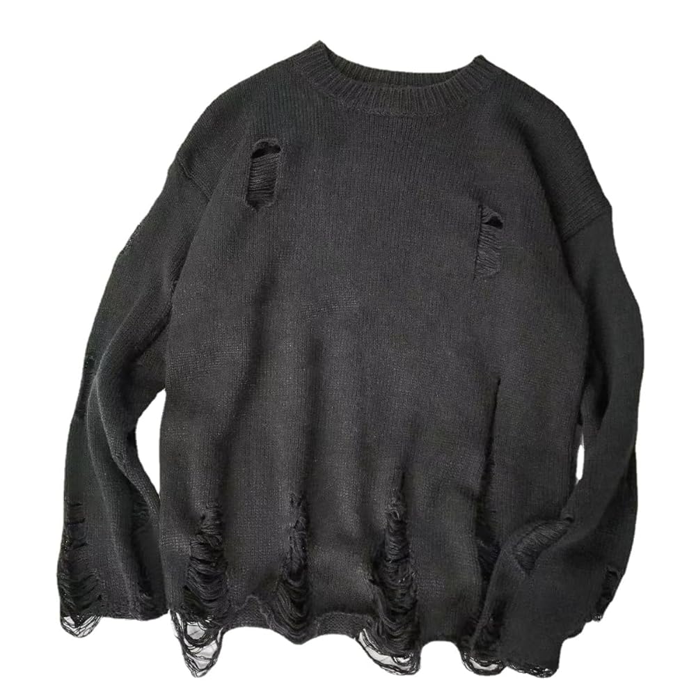 soduk double hole knit sweater ブラック 黒 Amazon.com: Men Wash Hole Ripped Knit Sweaters Black Ripped