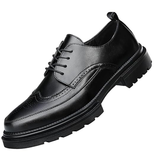 Sapato social masculino plataforma vintage couro Brogue Wingtip Oxfords clássico cadarço sola casual Derby sapatos, Preto, 44