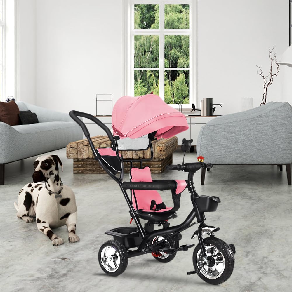 Pusieta Triciclo con pedales 4 en 1, Triciclo evolutivo para bebé, Trike Bebé, Bicicleta con asiento para niños evolutiva, Bicicleta para niños de 5 años, Desde 9 meses, Compacto, (b) 4 en 1 (Rosa)
