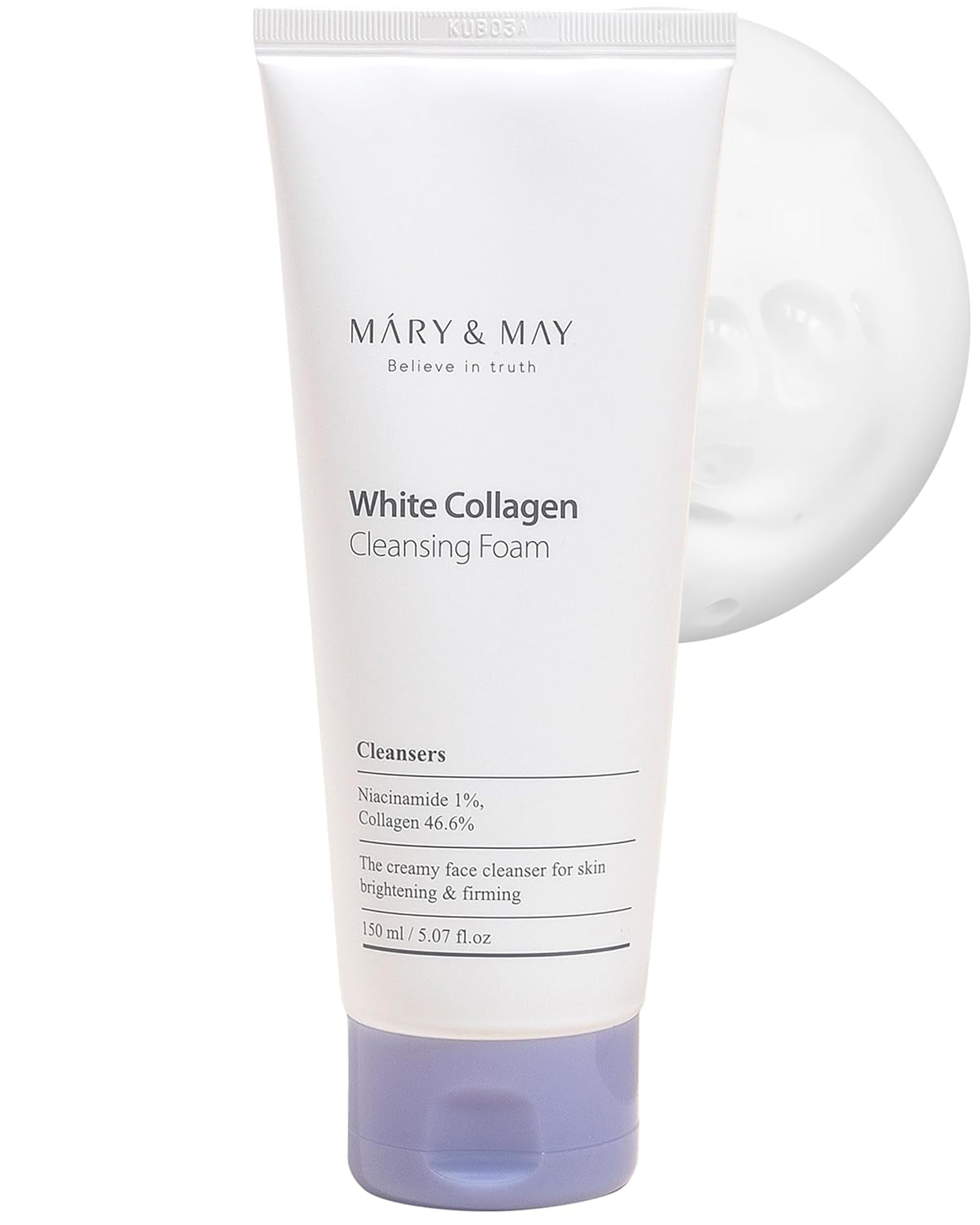 Mary&May White Collagen Cleansing Foam | Collagen & Niacinamide | Firming Cleanser for Smooth, Radiant Skin | Double Cleanse | Gentle for Sensitive Skin | Korean Skincare (150ml / 5.07 fl oz)