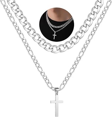 WEDDINEN Cross Necklace for Men Boys, Stainless Steel Layered Cross Pendant Cuban/Figaro Chains Christmas Jewelry Gifts