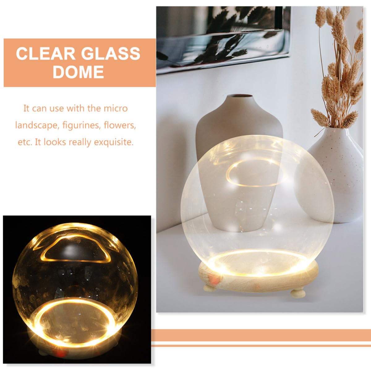 Cupola in Vetro Trasparente Base in Legno per Fiori Conservati e Micro Paesaggi Luminosi, Decorazione da Tavolo per Casa, Negozio e Caffetteria, Copertura Antispolvero per Piante