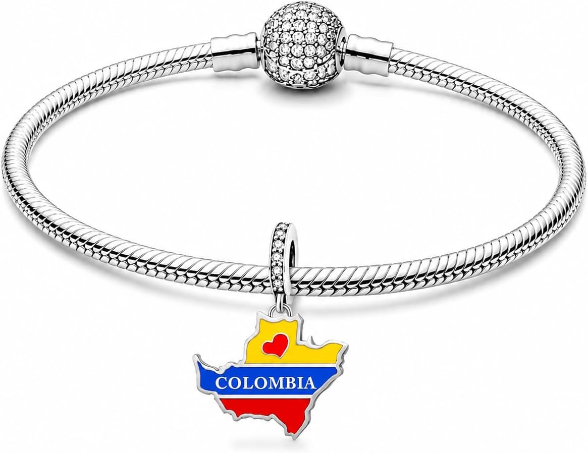 Colombia Map Dangle Charm for Pandora and European Bracelets, 925 Sterling Silver, Enamel Flag Design