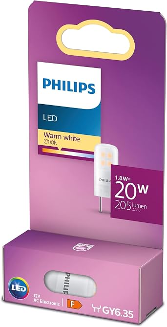 Philips LED Premium Light Capsule Spot [GY6.35 Socket] 1.8W - 20W Equivalent, 12V, Warm White 2700K, Non-Dimmable.