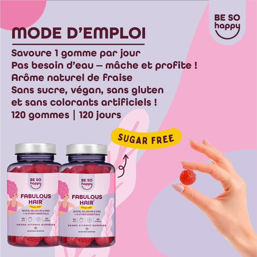 Biotine pour Cheveux | 6000 mcg | Avec Zinc, Sélénium et Vitamines A, B6, B12, C, D, E | Bonbons Goût de Fraise | Approvisionnement de 120 jours | Végétalien, sans Gluten et sans Lactose | BeSoHappy