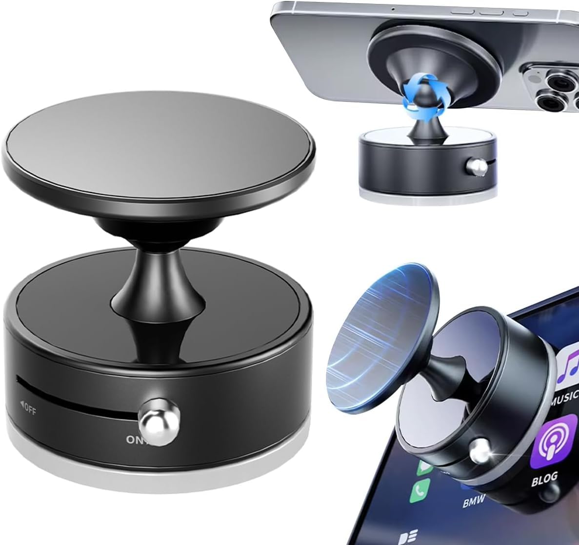 Vacuum Suction Magnetic Phone Holder, 360° Adjustable Car Phone Mount, Universal Double-Sided Magnetic Bracket for Smartphones in Vehicles/Gym/Shower/Mirror (Black)