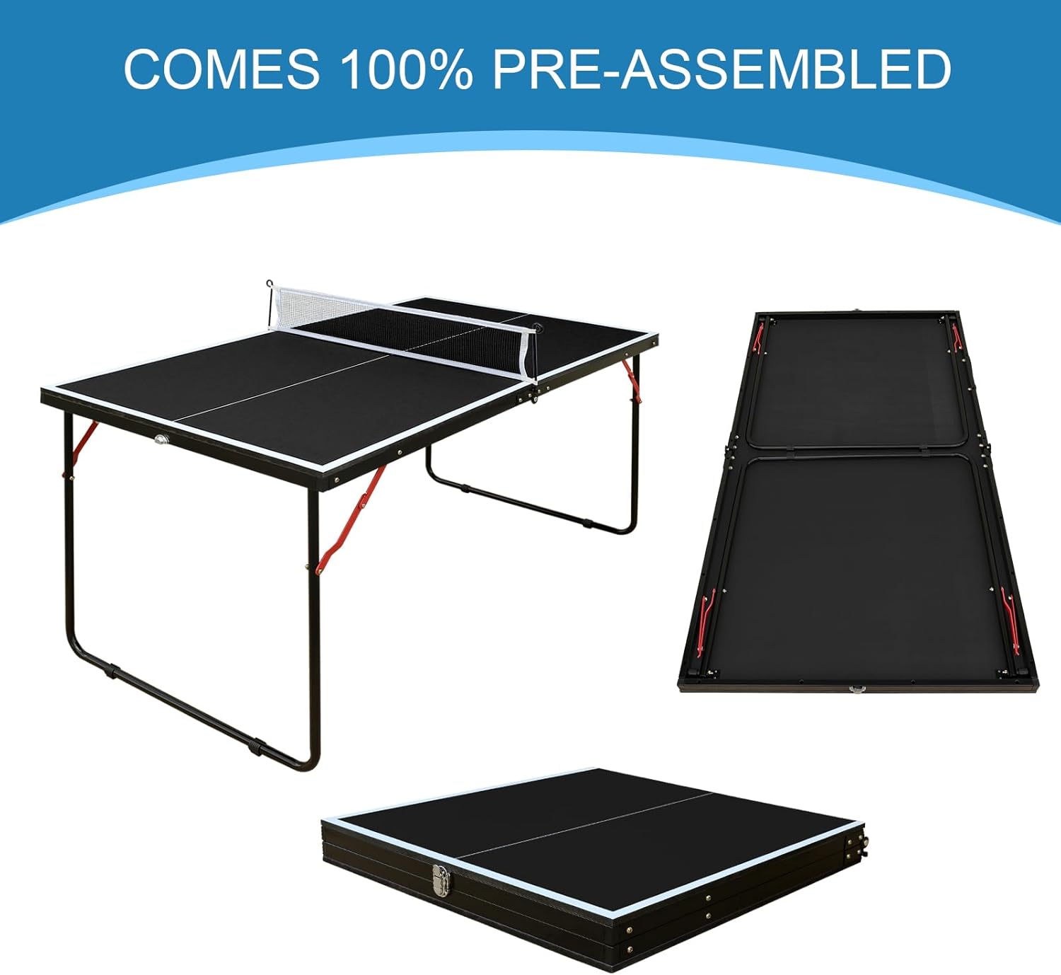 4.5ft Foldable Portable Ping Pong Table Set with Net & 2 Paddles, Compact Table Tennis Table for Indoor Outdoor Game, Easy Storage MDF Table for Home Family Entertainment