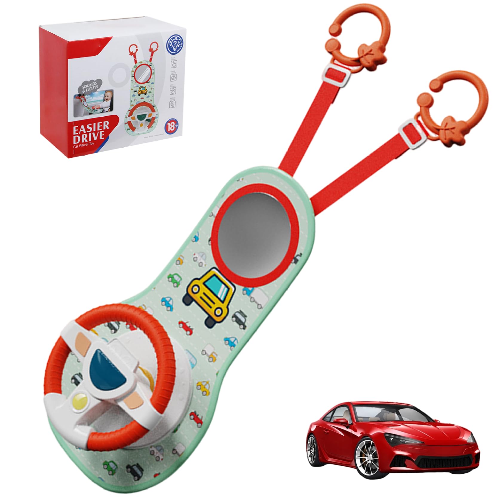 Volante per bambini giocattolo per seggiolino auto con rotazione a 360° Volante per auto giocattolo con specchio, musica, luci e suoni di guida, giocattoli per passeggino per bambini da 12 mesi in su