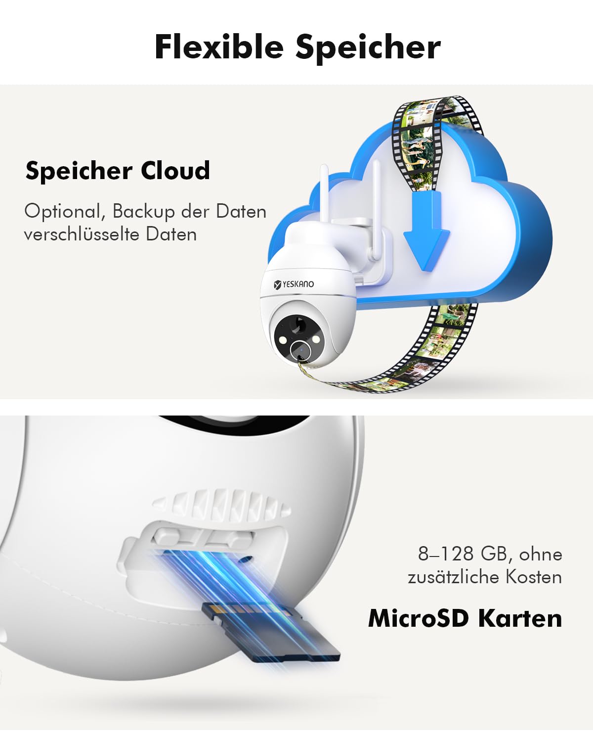 YESKANO 2 K Überwachungskamera, WLAN, für den Außenbereich, kabellos, Solar, 360 °, PTZ, Solarkamera, Akku 2,4 GHz, Nachtsicht, Farbe, PIR-Erkennung, bidirektionales Audio Weiß