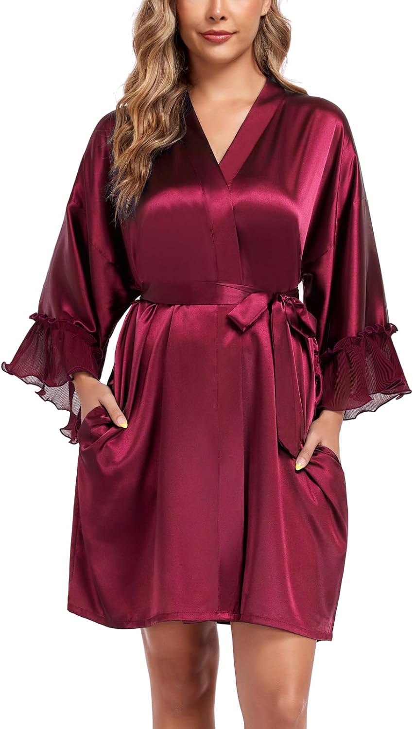 Women's Short Satin Robes Lightweight Kimono Bathrobe Ruffle Hem Bride Bridesmaids Wedding Party Sleepwear - Image 3