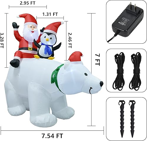 Miniatura 7 de Lvydec Oso polar inflable iluminado, decoración de Navidad al aire libre, 7 pies, oso polar inflable con pingüino de Papá Noel y luces LED