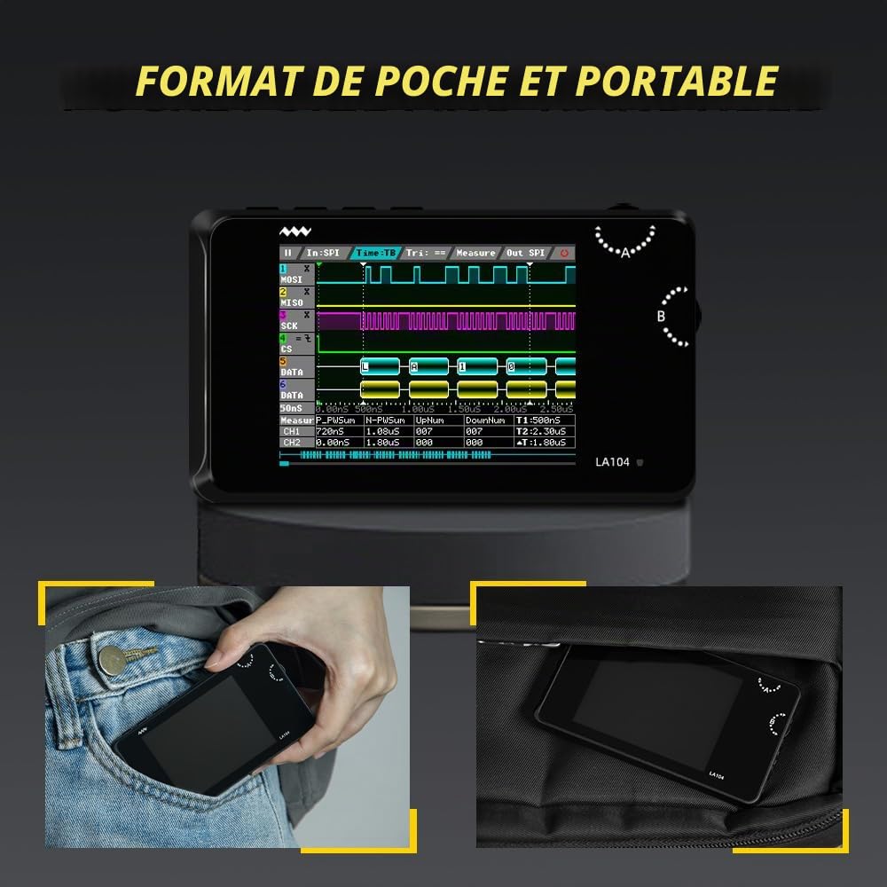 MINIWARE Analyseur Logique de Poche LA104, Mini Taille Portable, Batterie Rechargeable Intégrée, 4 Canaux, Taux d'échantillonnage Max 100Msa/s, Protocole SPI/I2C/UART, Niveau d'Entrée pour Débutant