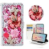 STENES Bling Case for Huawei Mate 20 X - Stylish - 3D Handmade Crystal Rose Flowers Floral Butterfly Magnetic Wallet Credit Card Slots Fold Stand Leather Cover for Huawei Mate 20 X (7.2') - Hot Pink