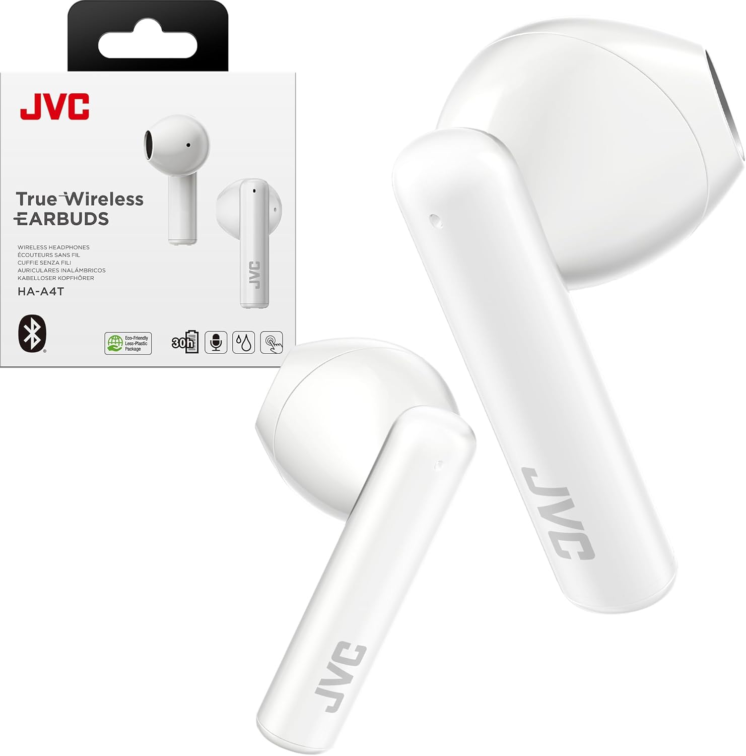 JVC Lightweight True Wireless Earbuds with 12mm Driver Unit, Bluetooth 5.1, Single use, IPX4, Long Battery Life (up to 30 Hours) - HAA4TW (White) White Small Classic
