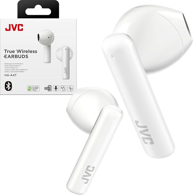 JVC Ecouteurs sans fil True Léger avec 12mm Unité de conduite, Bluetooth 5.1, Utilisation unique, IPX4, Longue durée de vie de la batterie (jusqu'à 30 Heures) - HAA4TW (Blanc)