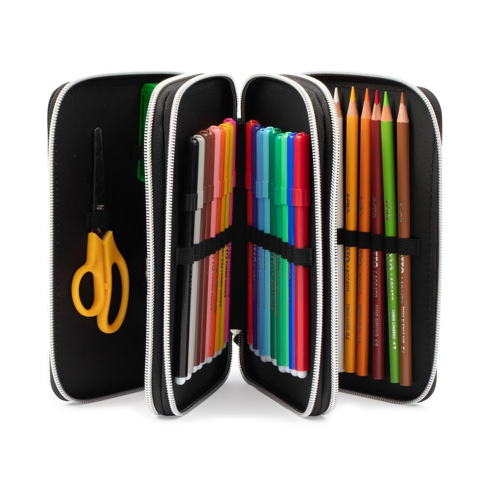 Giochi Preziosi Jurassic Word - Astuccio Triplo Scuola Con 3 Zip E 3 Scomparti, Contiene 18 Matite Colorate, 18 Pennarelli e altri Pratici Oggetti per la Scuola,13 l x 19,5 h x 6,5 p