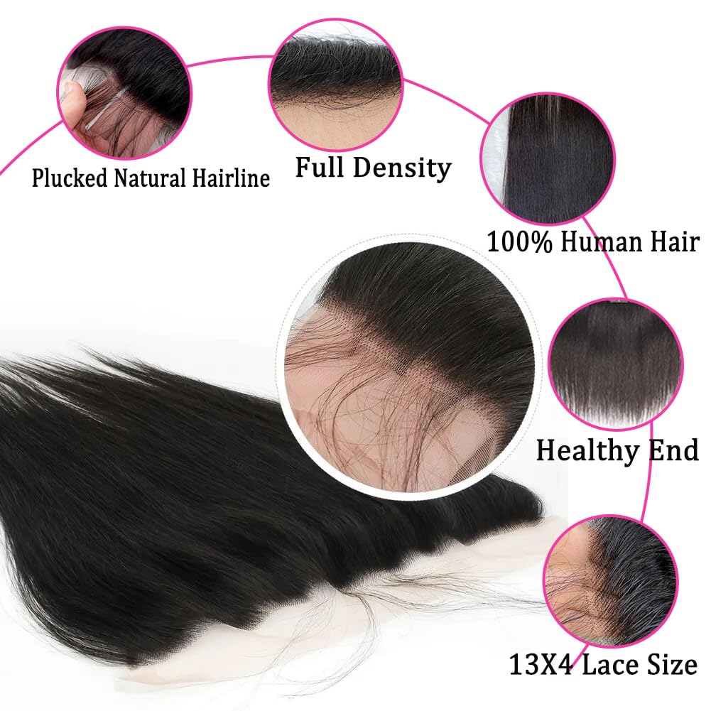 13x4 Lace Frontal Closure Straight Human Hair Ear to Ear HD Lace Frontal Free Part Brazilian Straight Hair Extensions Pre Plucked with Baby Hair 20 Inch 150% Density