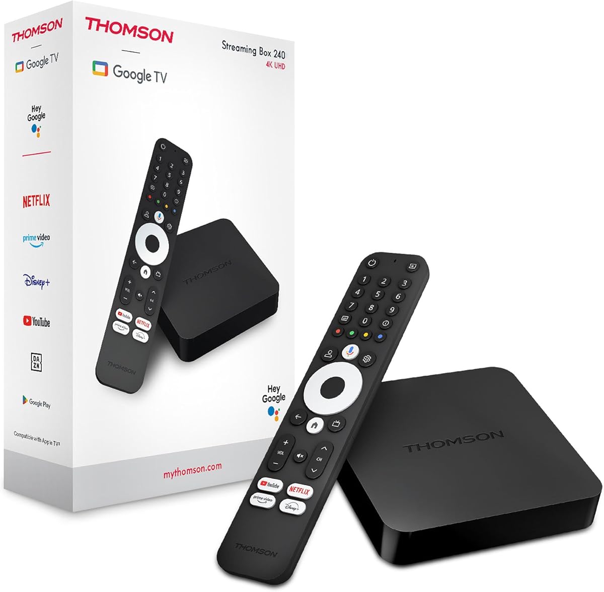 THOMSON Google TV Streaming Box 240, 4K UHD, Google Assistant, Google Cast, Wi-FI, Bluetooth 5.0, HDMI 2.1, Dolby Atmos, Dolby Digital+, HDR10, 2 GB RAM, 8 GB mémoire