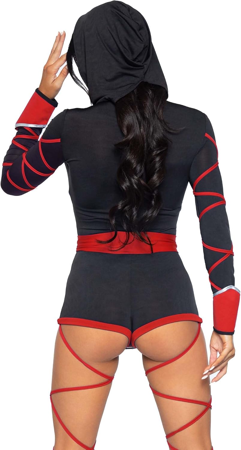 Leg Avenue Women's 3 Pc Dragon Ninja Costume with Hooded Romper, Waist Sash, Face Mask