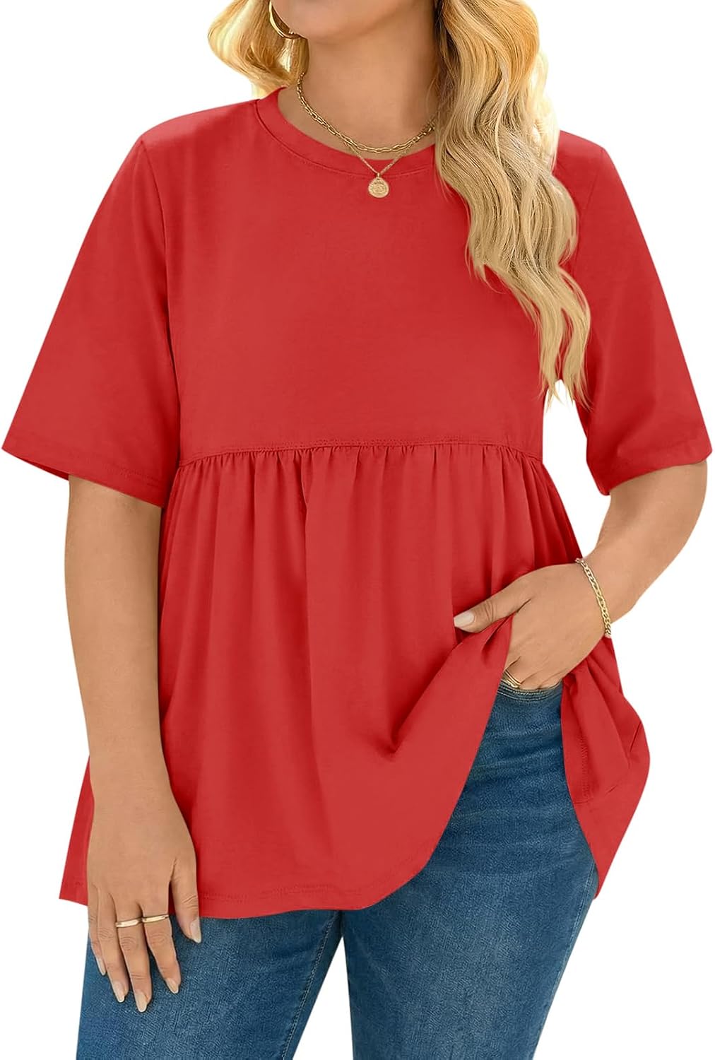 Beautife Womens Plus Size Summer Babydoll Tops Short Sleeve Crew Neck T Shirts Peplum Casual Loose Fit Blouse