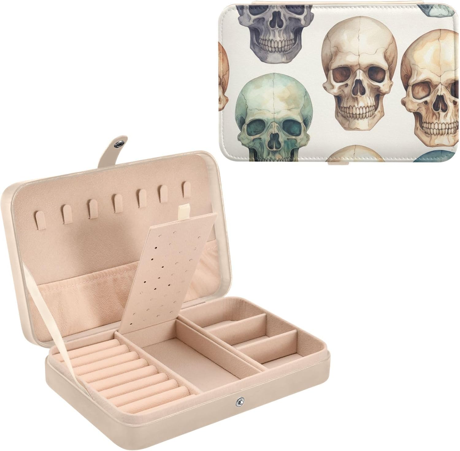 Horror Vintage Skull Jewelry Box, PU Leather Travel Jewelry Organizers with Dividers Inserts for Necklaces Earrings Bracelets, Beige