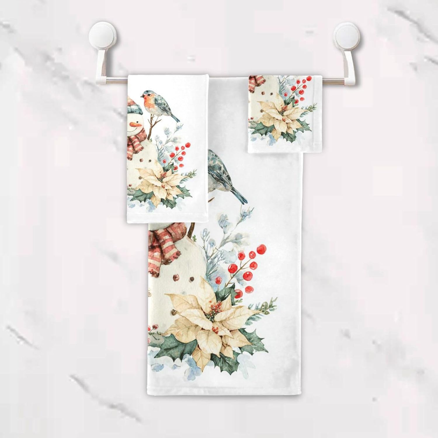 Winter Snowman Bathroom Towel Set 3 Pcs White Snow Birds Bath Hand Towels Face Towel Washcloth Soft Thin Durable Highly Absorbent Multipurpose Towel for Bathroom Hotel Gym Swim Decor