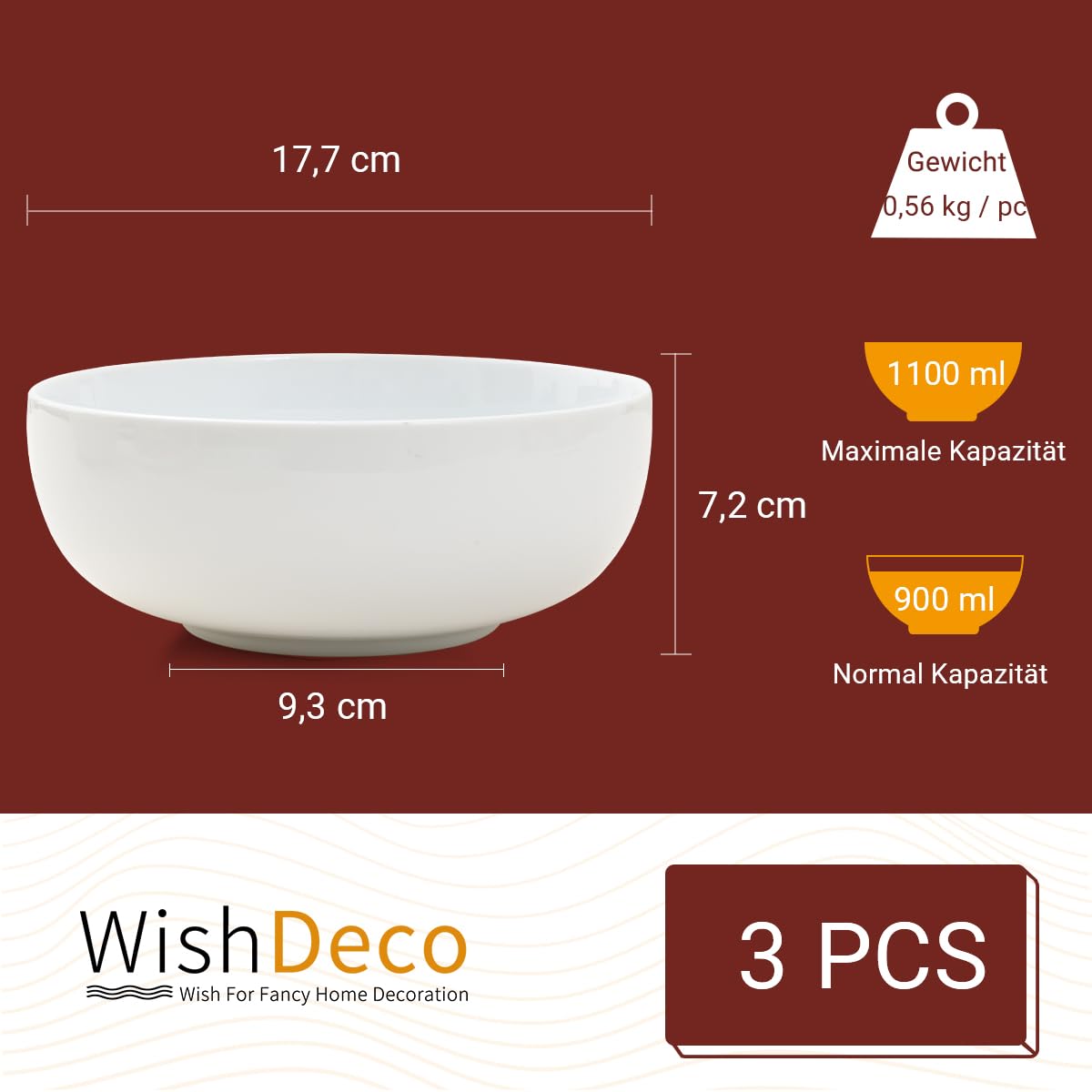 WishDeco Juego de 3 Ensaladeras, Cuencos Pasta de Cerámica 1100ml, Cuencos Blancos Grandes, Cuencos Cocina para Ramen, Fruta, Sopa