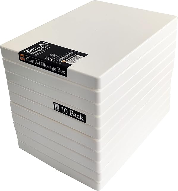 WestonBoxes A4 Slim Plastic Presentation or Storage Boxes with lids for A4 Paper and Card (White, Pack of 10)