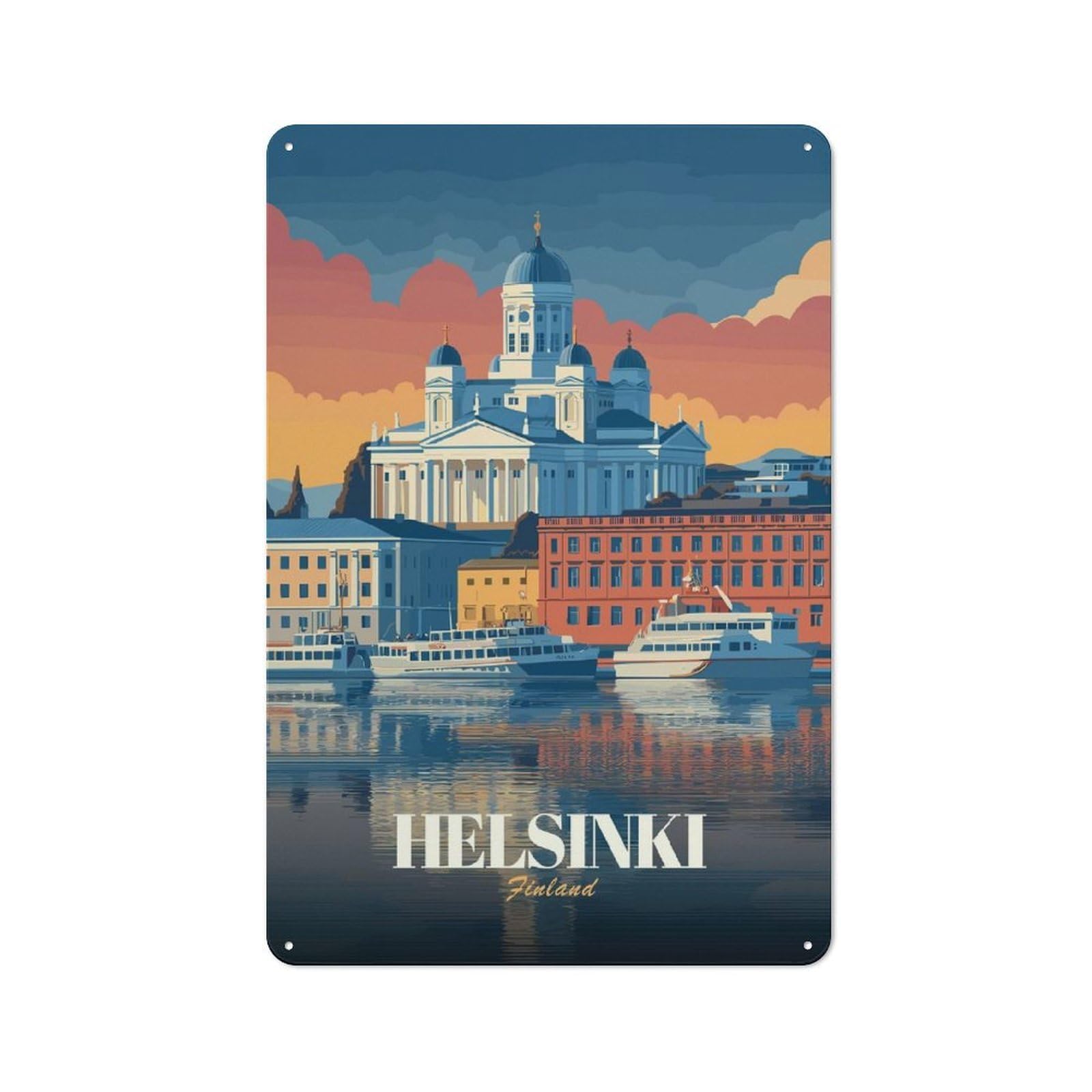 Junmoney Style-23 Decorative Tin Plaque With Helsinki, Finland Cityscape Illustration Design 30X20cm, Decorative Novelty Wall Art For Bedroom, Kitchen, Office Or Living Room