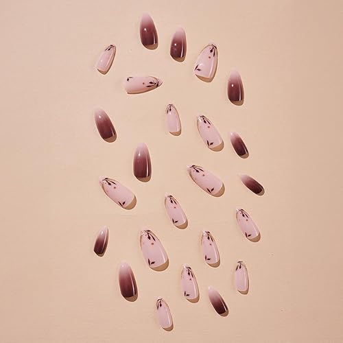 Miniatura 3 de Uñas postizas a presión de otoño, medianas y largas, 24 unidades, de cobertura completa, hojas de arce, láminas doradas, suministros de arte de