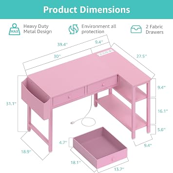 DLisiting Pink L Shaped Desk with Drawers and Shelves